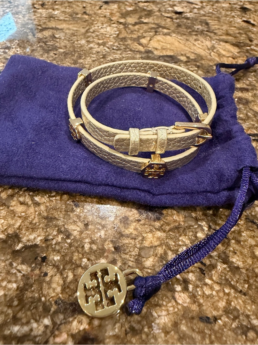 Tory Burch Cream Leather Double Wrap Bracelet with Gold Logo Charm